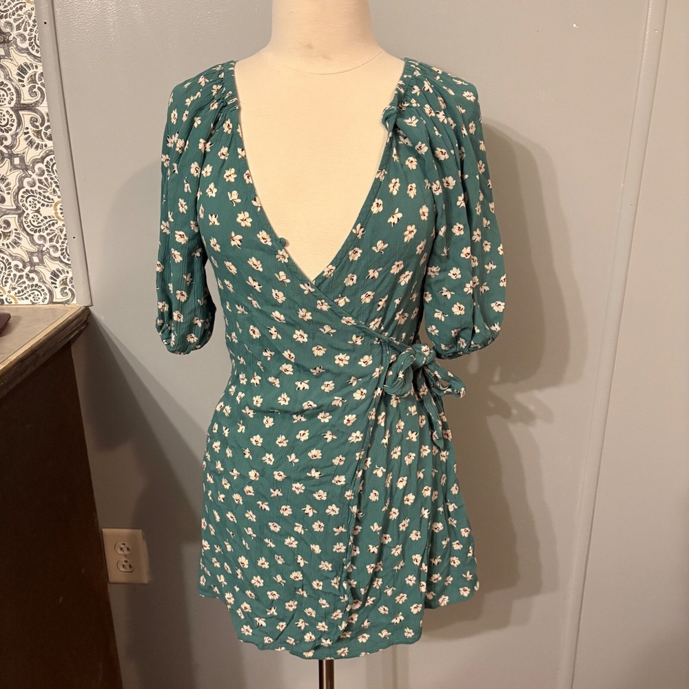 Billabong Teal White Floral Wrap Mini Dress V-Neck‎ Puff Sleeve (Women's Small)